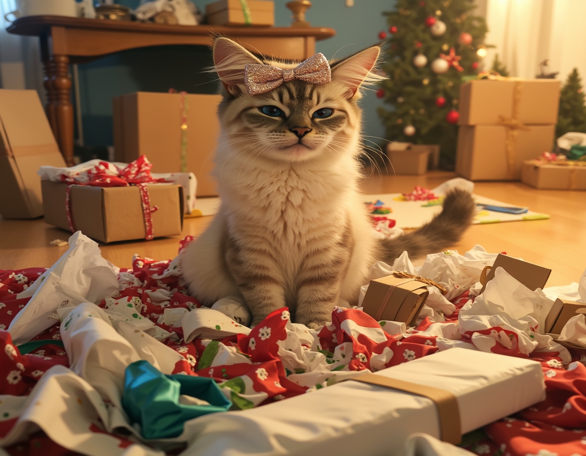 Playful cat surrounded by crumpled wrapping paper, ribbons, and empty boxes, with a shiny bow on its head. Christmas decorations and half-wrapped presents complete the festive scene.